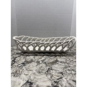 Vintage Woven White Ceramic Bread Basket Weave Oblong Stoneware 15"x5.5"